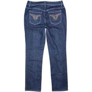 Chico’s Dark Wash Straight Leg Jeans Womens 8 Chicos 1 Short Embroidered Stretch